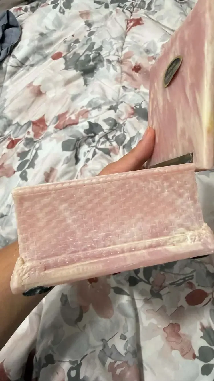 Vintage Incolay Stone Pink Marble Square Jewelry Box with Magnolia Flower Relief